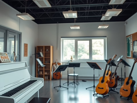 Musikraum mit weißem Flügel links, Gitarren rechts, Notenständer, Stühle und Fenster im Hintergrund.