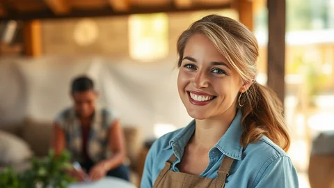 Lächelnde blonde Frau in Jeanshemd und Schürze in gemütlicher Umgebung; im Hintergrund eine weitere Person.