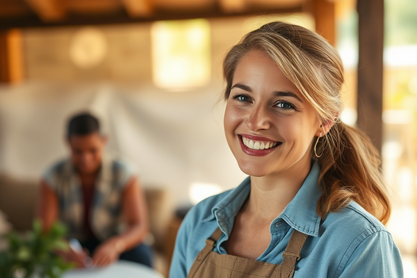 Lächelnde blonde Frau in Jeanshemd und Schürze in gemütlicher Umgebung; im Hintergrund eine weitere Person.