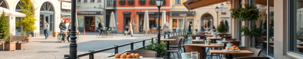 Außen-Café-Terrasse mit Holztischen, Kaffeetassen und Brötchen; Stühle, Laternen und bunte Häuser im Hintergrund.