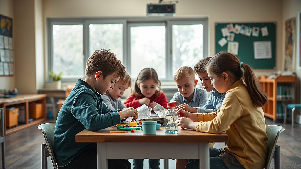 Gruppe von Kindern im Klassenraum sitzt um einen Tisch und arbeitet an einem Experiment mit Papier und einer Wasserflasche