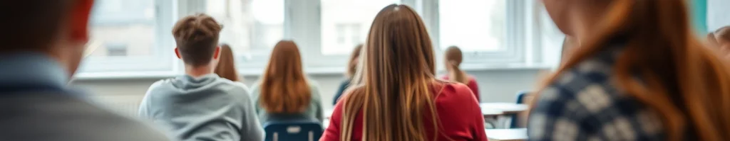 Schülerinnen und Schüler sitzen an Tischen in einem hellen Klassenraum, von hinten gesehen; große Fenster im Hintergrund.