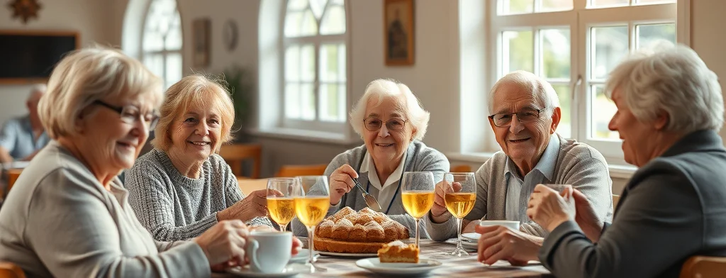 Gruppe älterer Menschen sitzt lächelnd um einen Tisch mit Kuchen, Kaffee und Getränken; heller Raum mit großen Fenstern.