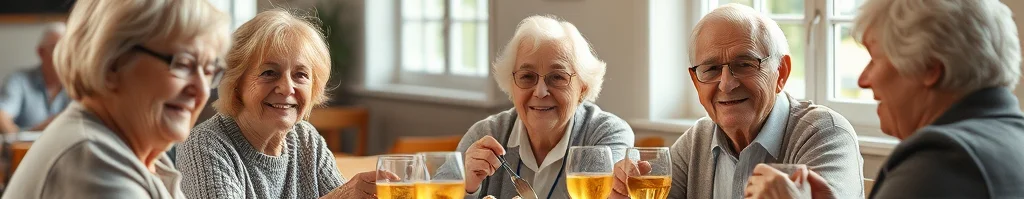 Gruppe älterer Menschen sitzt lächelnd um einen Tisch mit Kuchen, Kaffee und Getränken; heller Raum mit großen Fenstern.