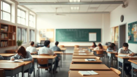 Klassenzimmer mit Schülern an Holztischen vor grüner Tafel, Bücherregale und Fenster, Bokeh-Effekt.