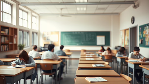 Klassenzimmer mit Schülern an Holztischen vor grüner Tafel, Bücherregale und Fenster, Bokeh-Effekt.