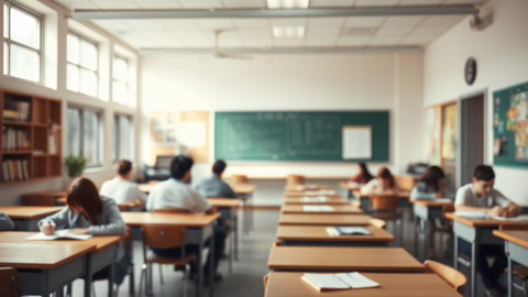 Klassenzimmer mit Schülern an Holztischen vor grüner Tafel, Bücherregale und Fenster, Bokeh-Effekt.