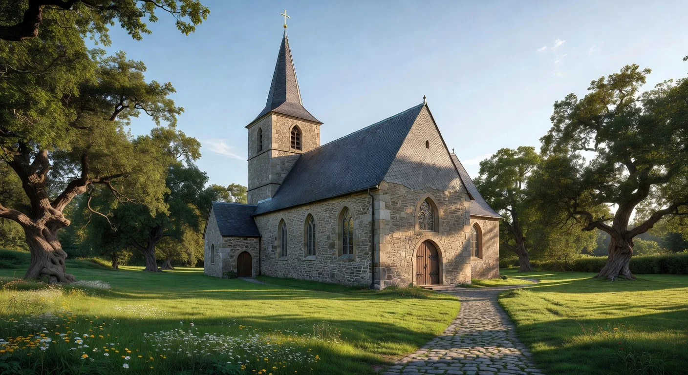 Alte Steinkirche mit spitztem Turm, umgeben von Eichen, grüner Wiese und Kopfsteinweg bei Sonnenlicht.