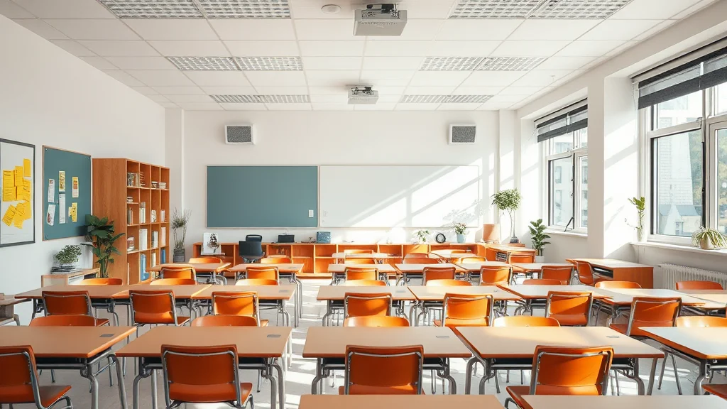 Heller Klassenraum mit orangefarbenen Stühlen und Tischen in Reihen, Fronttafel, großen Fenstern rechts und Pflanzen.