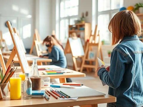 Person in Jeansjacke betrachtet Papier in hellem Kunstraum; Tisch mit Pinseln, Farben; Staffeleien im Hintergrund.