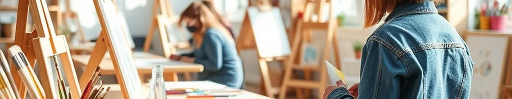 Person in Jeansjacke betrachtet Papier an einem Tisch mit Pinseln, Farben und Staffeleien im hellen Kunstraum.