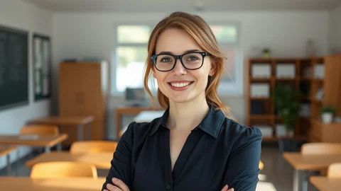 Lächelnde junge Frau mit Brille im Klassenraum, Arme verschränkt, Hintergrund mit Tischen, Regalen und Tafel.