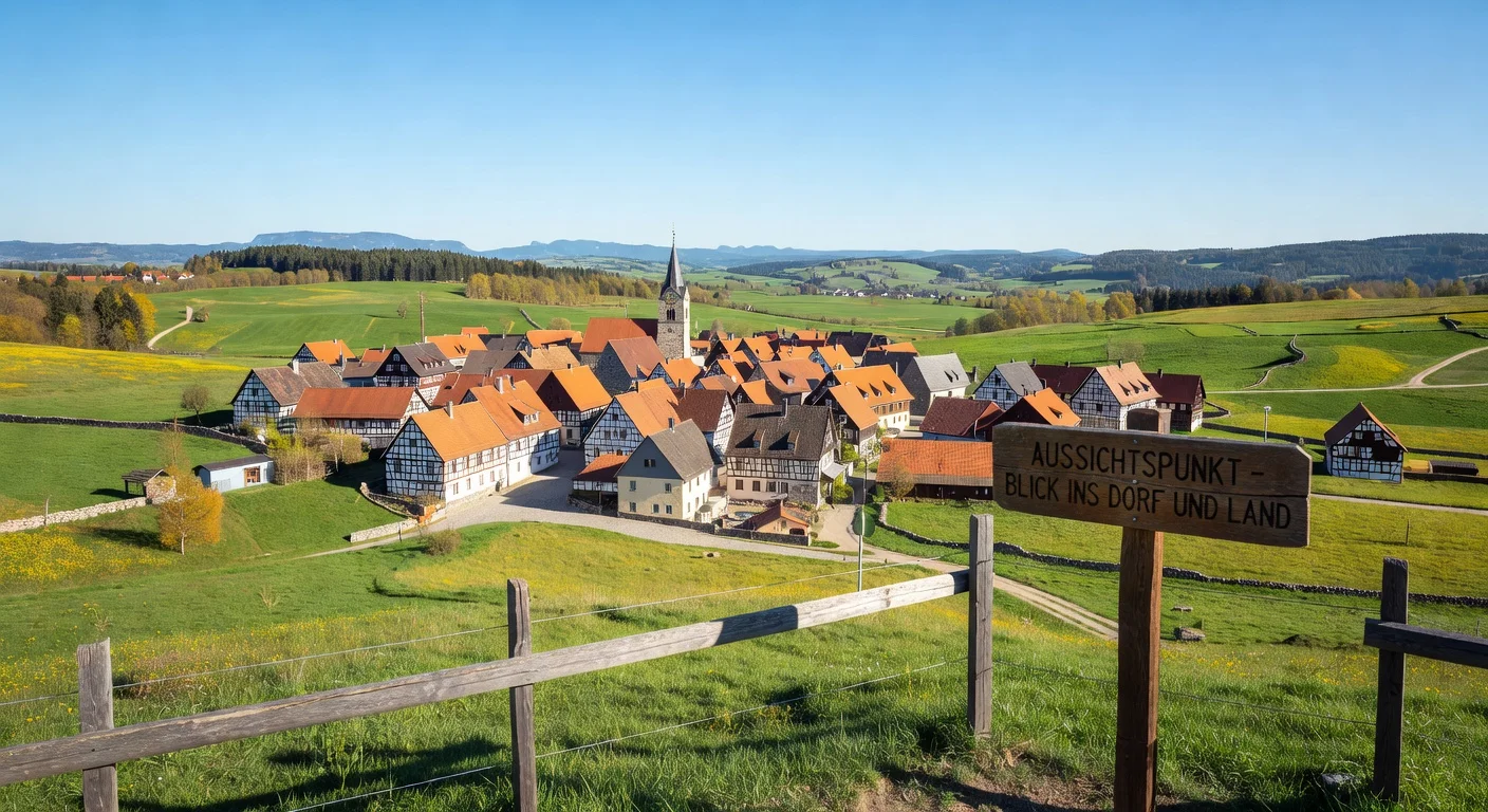 Panoramablick vom Aussichtspunkt Schwäbische Alb auf Dorf mit roten Ziegeldächern, Kirchturm und grünen Wiesen.