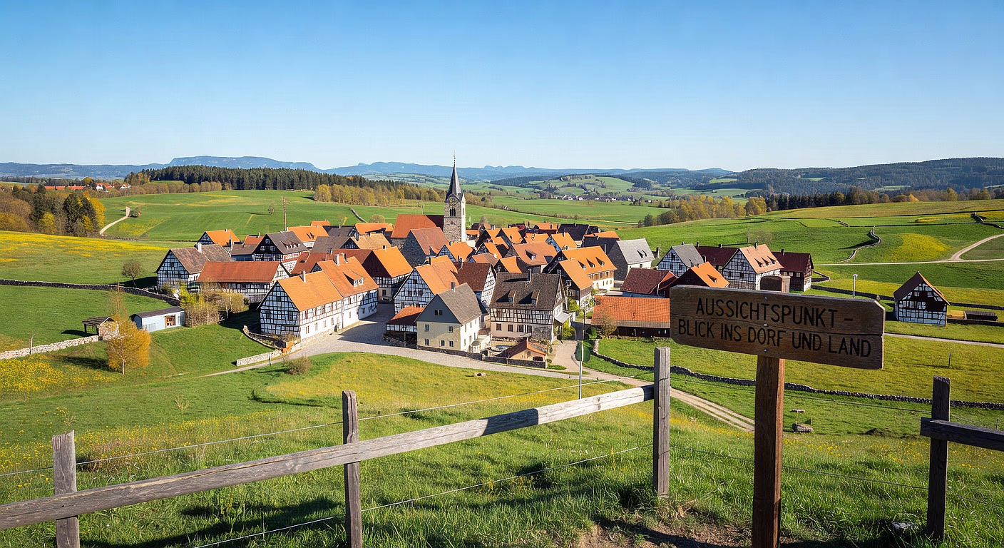 Panoramablick vom Aussichtspunkt Schwäbische Alb auf Dorf mit roten Ziegeldächern, Kirchturm und grünen Wiesen.