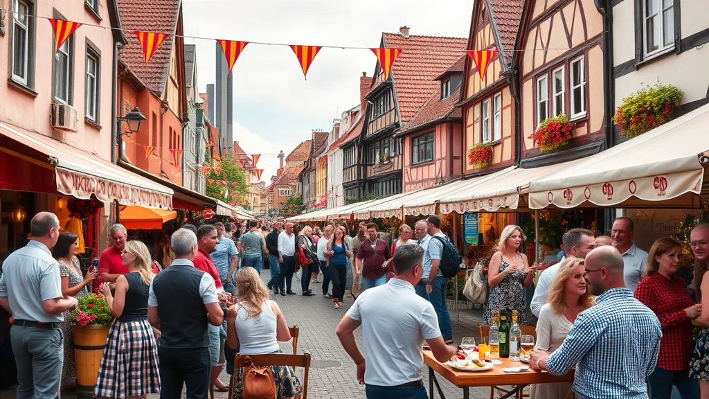Belebte Straßenszene mit Fachwerkhäusern, Fahnen, Straßencafés und vielen Menschen beim Essen und Trinken.