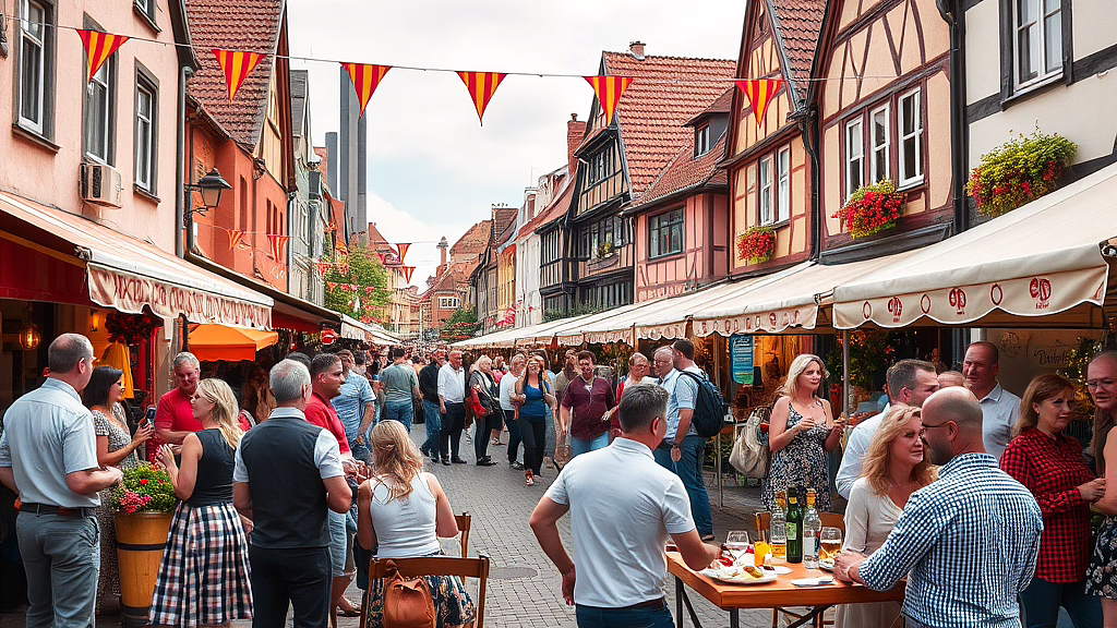 Belebte Straßenszene mit Fachwerkhäusern, Fahnen, Straßencafés und vielen Menschen beim Essen und Trinken.
