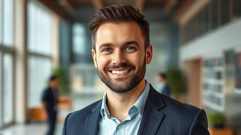 Lächelnder Mann im dunkelblauen Anzug in einem modernen Büro, Hintergrund unscharf.