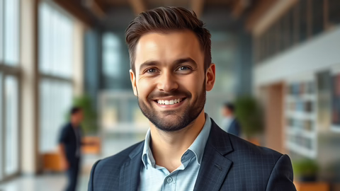 Lächelnder Mann im dunkelblauen Anzug in einem modernen Büro, Hintergrund unscharf.
