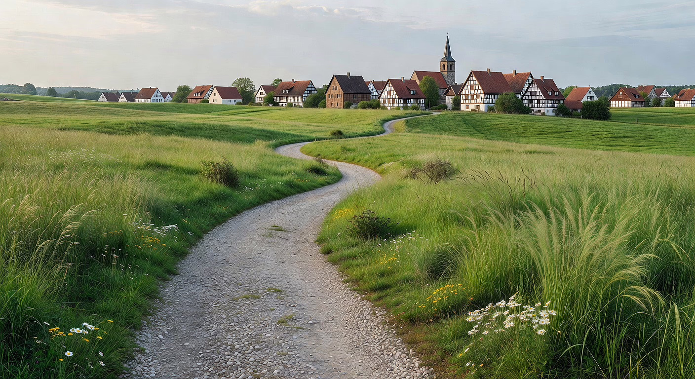 Gewundener Kiesweg durch saftige grüne Wiesen zu rotgedachten Fachwerkhäusern und Kirchturm.
