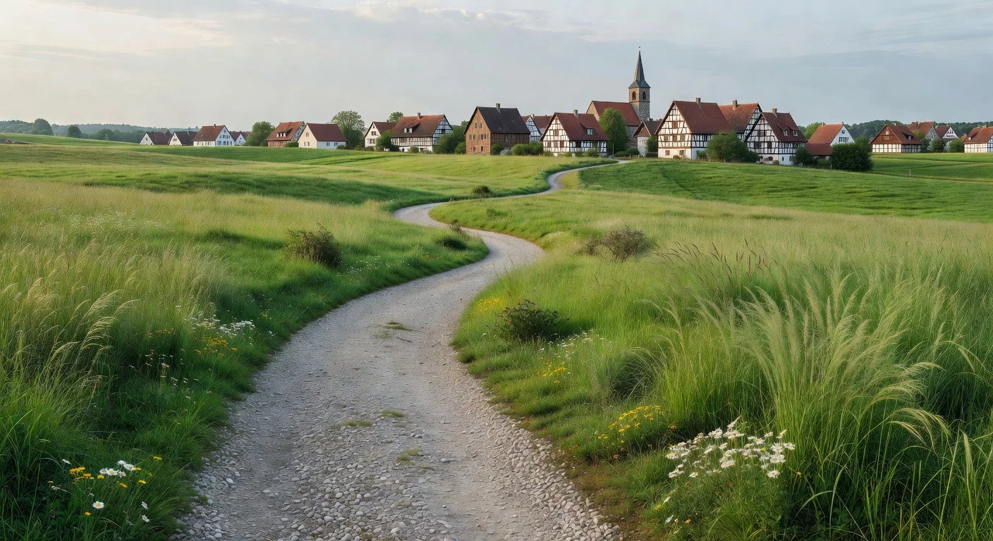 Gewundener Kiesweg durch saftige grüne Wiesen zu rotgedachten Fachwerkhäusern und Kirchturm.