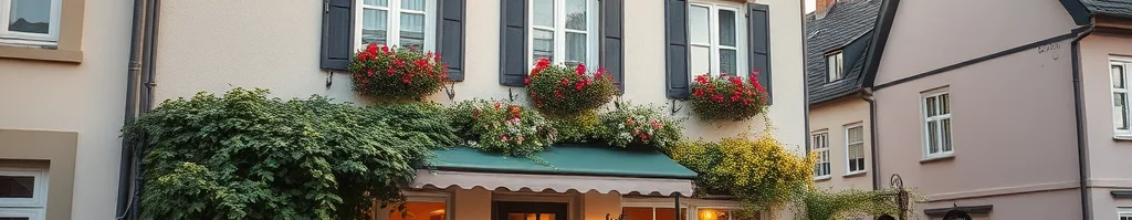Charmantes Café in einem blumenreichen Haus mit Fensterläden, Außenbereich und Topfpflanzen; benachbarte Häuser sichtbar.