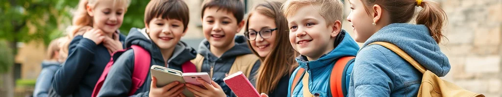 Fröhliche Gruppe Schulkindern mit Rucksäcken und Büchern lachend vor historischem Steingebäude.