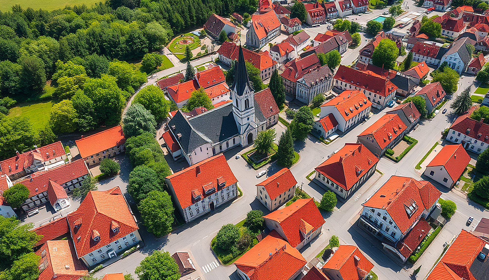 Luftaufnahme einer Kleinstadt: rote Dächer, zentraler Kirchturm, von Bäumen und Grünflächen umgeben.