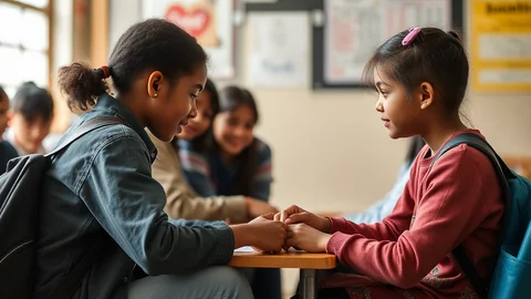 Zwei Schülerinnen sitzen sich gegenüber an einem Tisch in der Klasse und halten Händchen; im Hintergrund lachen weitere Mitschüler.