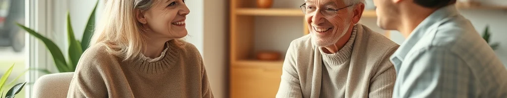 Drei lächelnde Menschen sitzen in einem hellen Wohnzimmer und führen ein freundliches Gespräch.