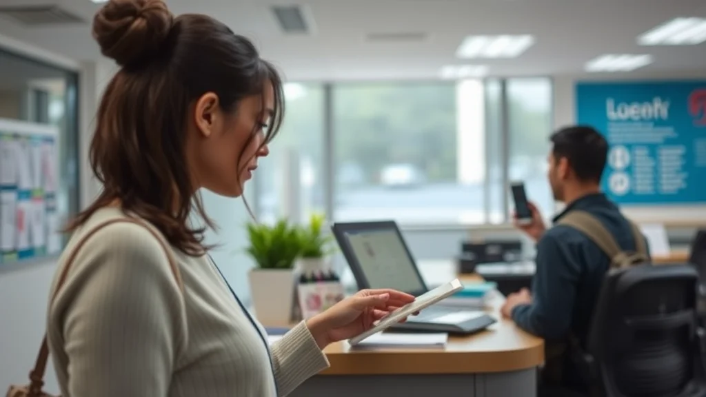 Frau im Büro steht am Schreibtisch und schaut aufs Tablet; Mann im Hintergrund nutzt ein Smartphone.