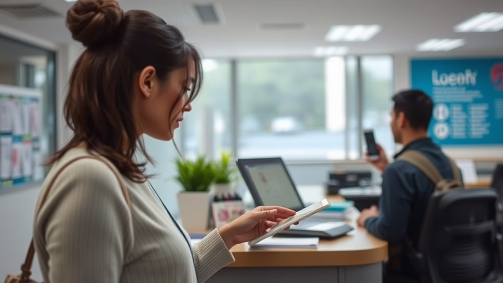 Frau im Büro steht am Schreibtisch und schaut aufs Tablet; Mann im Hintergrund nutzt ein Smartphone.