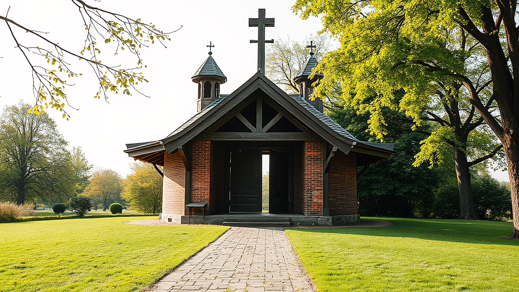 Kleine Backsteinkapelle mit Kreuz auf dem Dach, offenes Portal, von Gras, Bäumen umgeben, gepflasterter Weg zum Eingang.