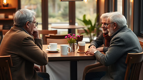 Drei ältere Männer sitzen in einem Café an einem Tisch, unterhalten sich, mit Kaffeetassen und einer Blumenvase.
