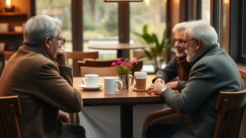 Drei ältere Männer sitzen in einem Café an einem Tisch, unterhalten sich, mit Kaffeetassen und einer Blumenvase.