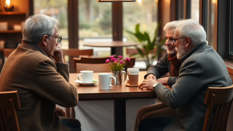 Drei ältere Männer sitzen in einem Café an einem Tisch, unterhalten sich, mit Kaffeetassen und einer Blumenvase.
