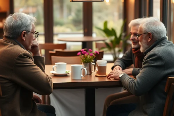 Drei ältere Männer sitzen in einem Café an einem Tisch, unterhalten sich, mit Kaffeetassen und einer Blumenvase.