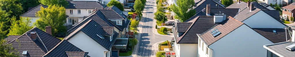 Luftaufnahme einer ruhigen Vorstadtstraße mit Reihenhäusern, viel Baumbestand und gepflegten Vorgärten.