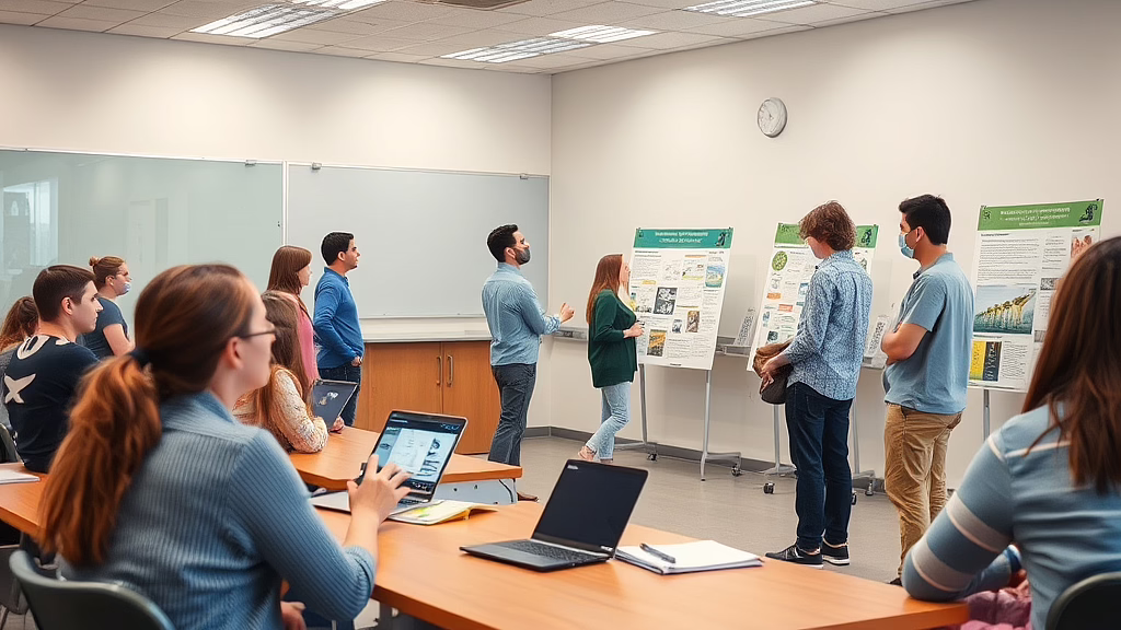 Gruppe Studierender präsentiert Poster an Ständern vor Zuhörern mit Laptops, einige mit Masken.