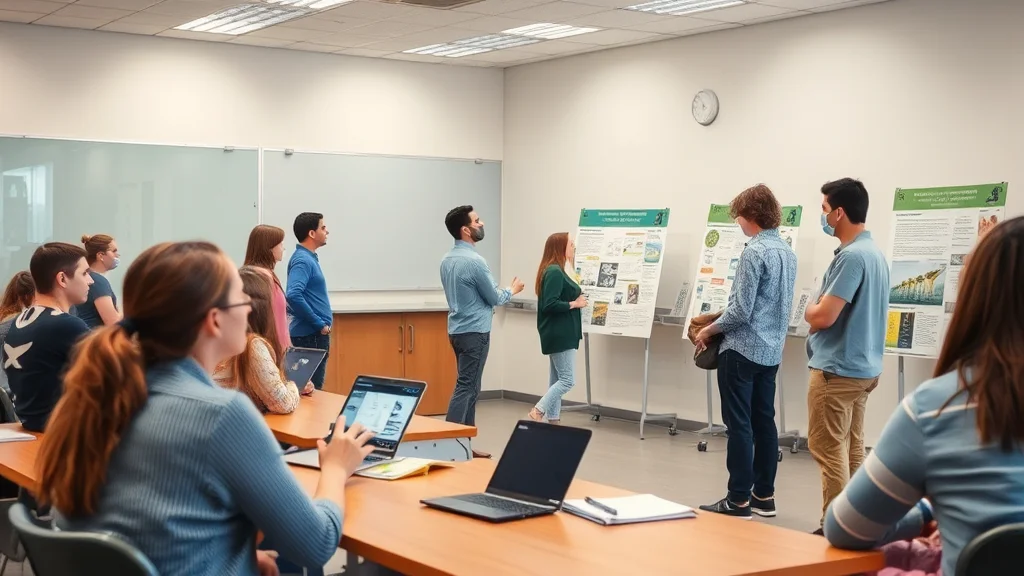 Gruppe Studierender präsentiert Poster an Ständern vor Zuhörern mit Laptops, einige mit Masken.