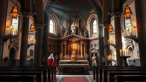 Innenansicht einer gotischen Kirche mit Altar, Kerzenleuchtern und zwei Personen in Gewändern vor dem Altar.