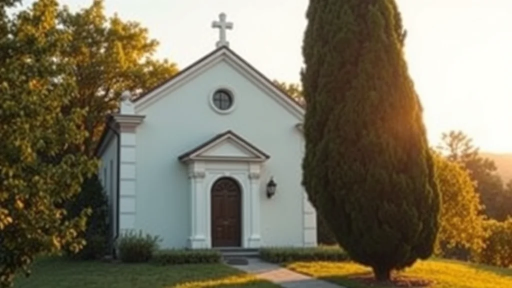Kleine weiße Kapelle mit Holztür, Rundfenster, Kreuz auf dem Dach, seitlich eine hohe Kiefer, Sonnenuntergang.