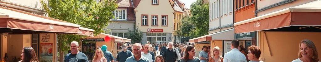 Belebte Altstadtstraße mit Marktständen, orange Markisen und bunten Häusern; Menschen schlendern entlang der Straße.