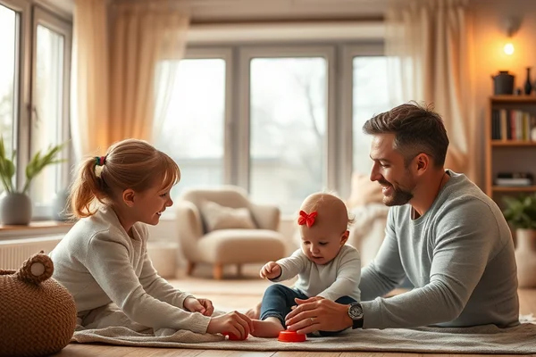 Eltern spielen mit dem Baby auf dem Wohnzimmerteppich; Baby mit roter Schleife greift nach Spielzeug.