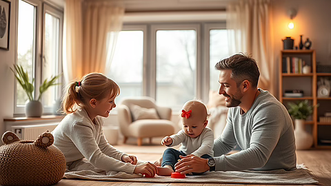 Eltern spielen mit dem Baby auf dem Wohnzimmerteppich; Baby mit roter Schleife greift nach Spielzeug.
