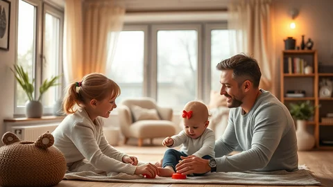 Eltern spielen mit dem Baby auf dem Wohnzimmerteppich; Baby mit roter Schleife greift nach Spielzeug.