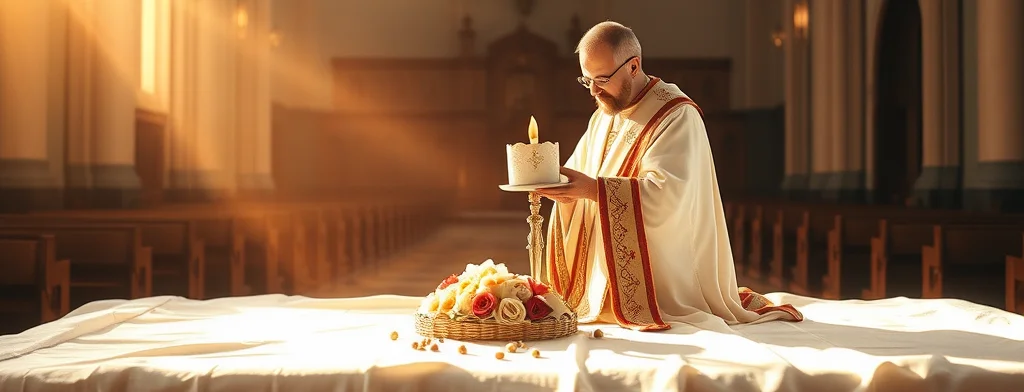 Priester kniet beim Altar vor einer brennenden Kerze; Blumenkorb liegt davor, Kirchenbänke im Hintergrund.