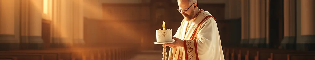 Priester kniet beim Altar vor einer brennenden Kerze; Blumenkorb liegt davor, Kirchenbänke im Hintergrund.