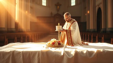 Priester kniet am Altar in einer Kirche, hält eine brennende Kerze; Blumenkorb davor, Kirchenbänke im Hintergrund.