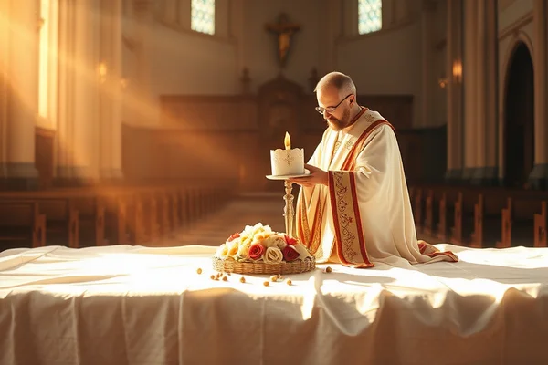 Priester kniet am Altar in einer Kirche, hält eine brennende Kerze; Blumenkorb davor, Kirchenbänke im Hintergrund.