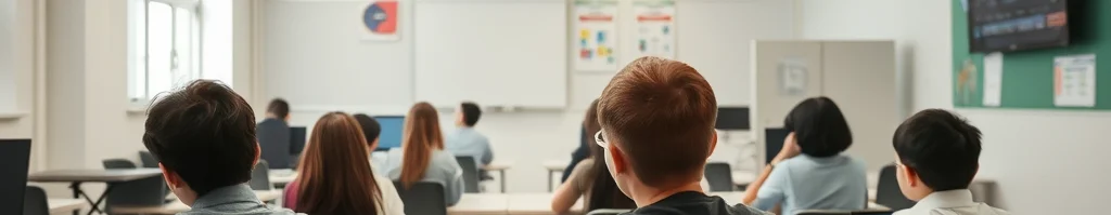 Klassenzimmer von hinten: Schüler an Tischen mit Laptops vor Tafel, Diagrammen und Bildschirm.